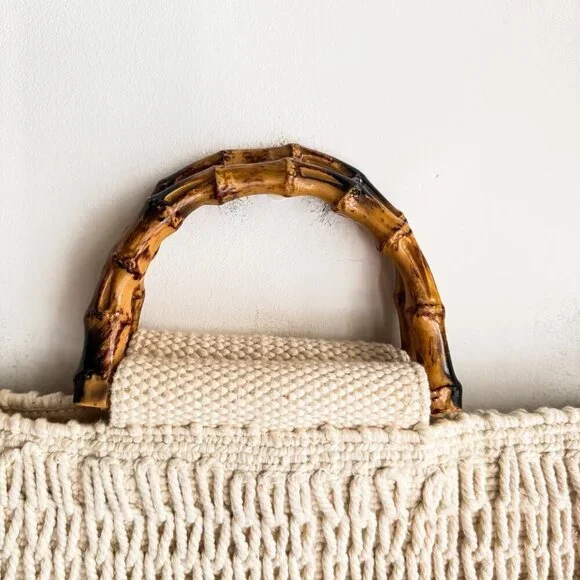 Zara Ivory Cream Crochet Woven Faux Bamboo Handle Tote Bag - Picture 4 of 7